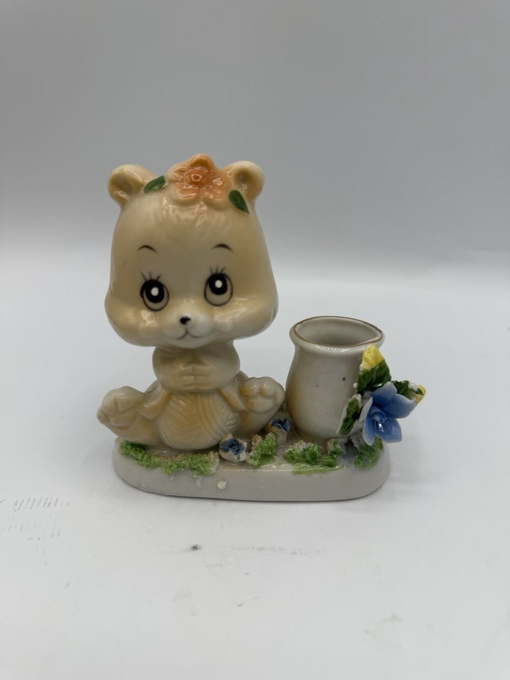 Vintage Ceramic Bear Toothpick Holder Floral Planter Kitsch Nursery Figurine